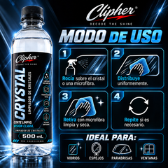 Modo de uso de CLIPHER CRYSTAL para vidrios espejos parabrisas y ventanas