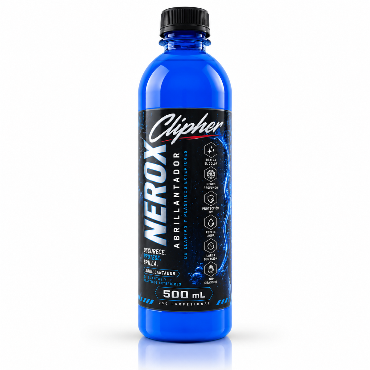 CLIPHER NEROX abrillantador de llantas y plásticos 500 ml sobre fondo blanco