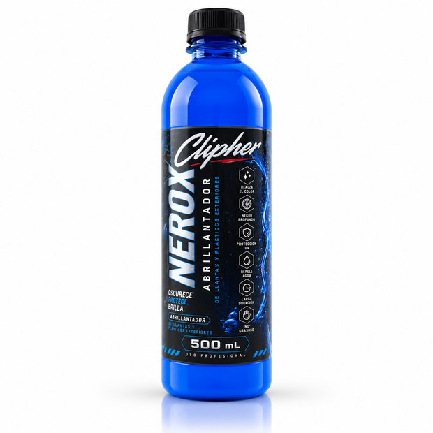 CLIPHER NEROX abrillantador de llantas y plásticos 500 ml sobre fondo blanco