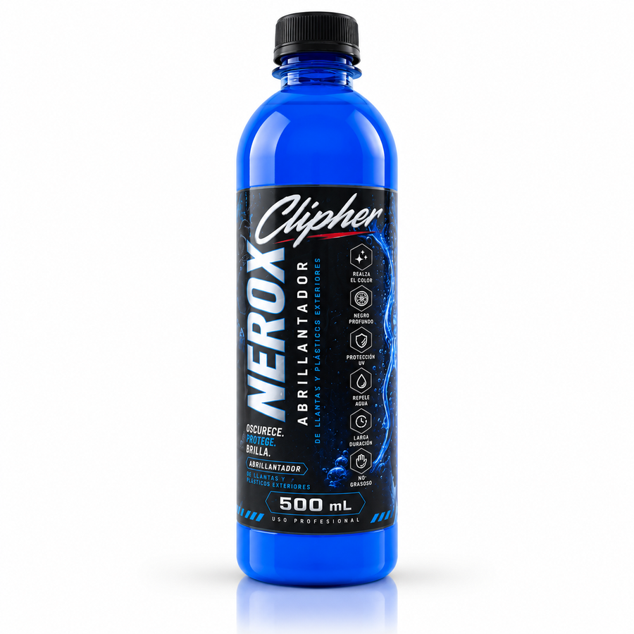 CLIPHER NEROX abrillantador de llantas y plásticos 500 ml sobre fondo blanco