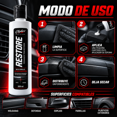 Modo de uso de CLIPHER RESTORE restaurador de plásticos exteriores